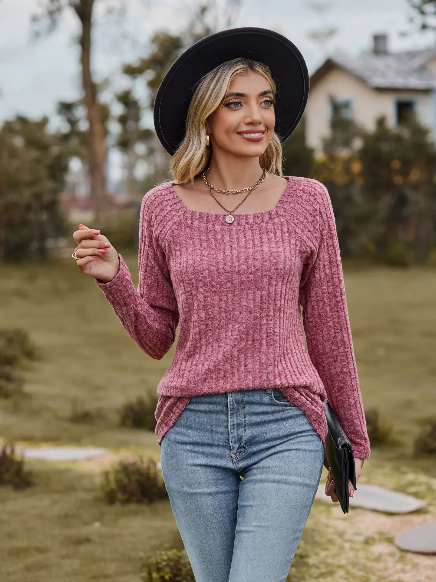 Women Square Neck Ribbed Top for Casual Fall Days