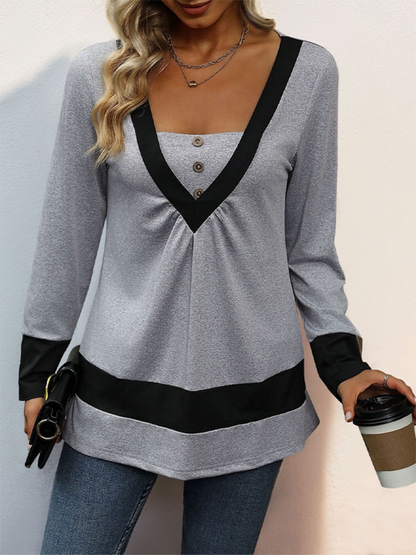 Fall Tops- Women V-Neck Color Block Fall Top- - Pekosa Women Fashion