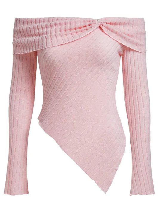 Fall Tops- Women's Off-Shoulder Knot-Side Asymmetric Knit Fall Top- Pink- Pekosa Women Fashion