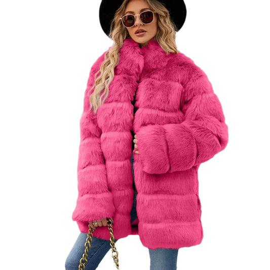 Faux Fur Coats - Mid-Length Faux Fur Coat for Winter Elegance