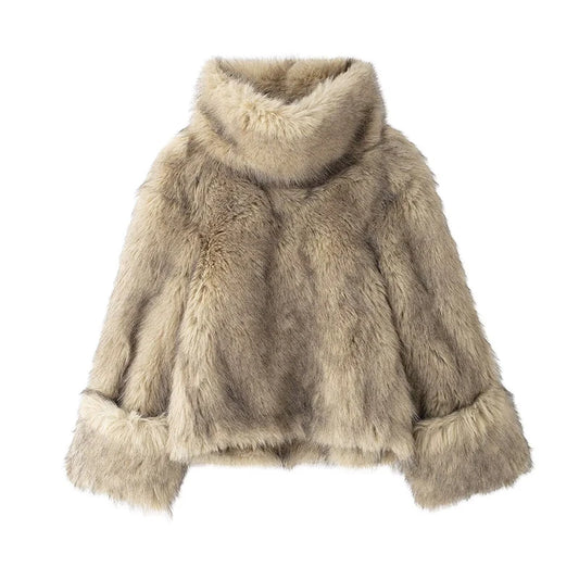 Faux Fur Jackets - Casual Faux Fur Turtleneck Jacket