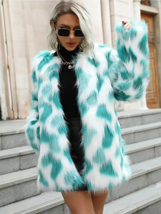 Faux Fur Jackets - Teal Stripe Faux Fur Coat - Winter Chic