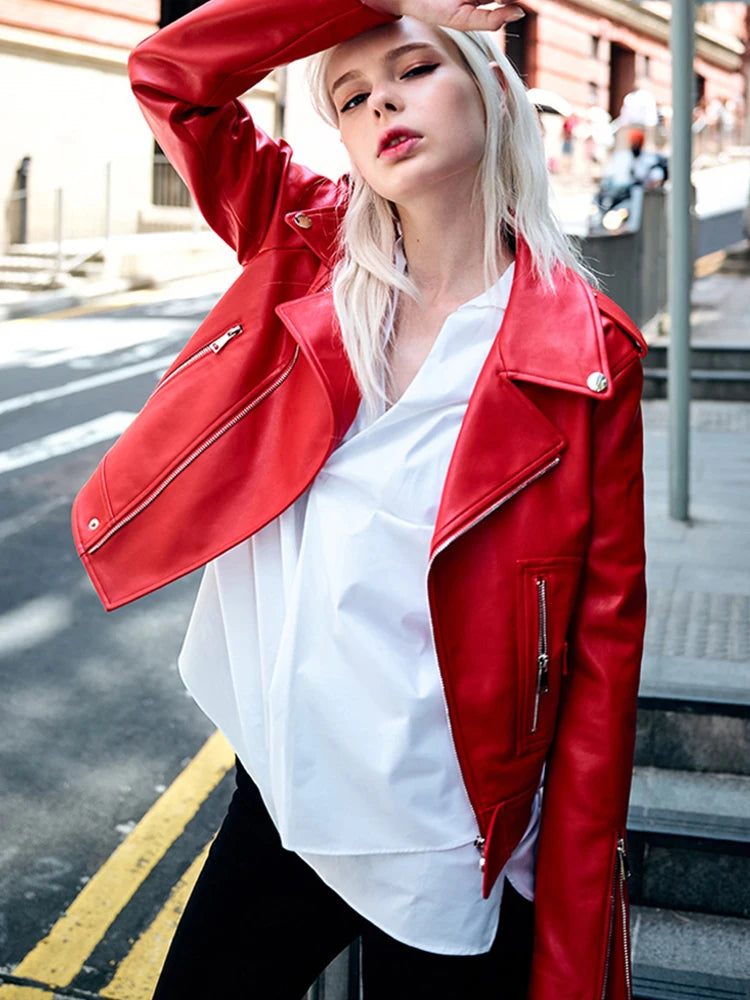 Faux Leather Jackets - Edgy Red Biker Jacket PU Leather Autumn Outerwear