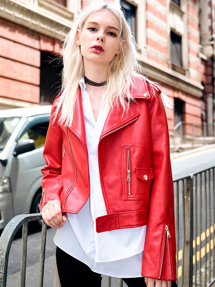 Faux Leather Jackets - Edgy Red Biker Jacket PU Leather Autumn Outerwear