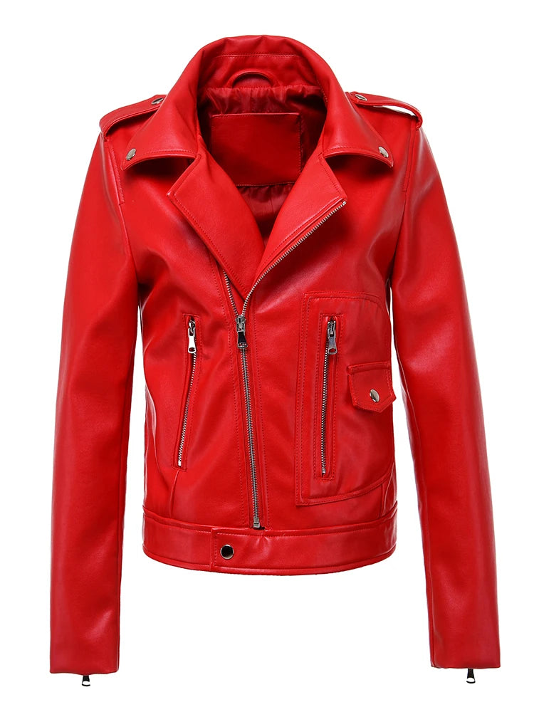 Faux Leather Jackets - Edgy Red Biker Jacket PU Leather Autumn Outerwear