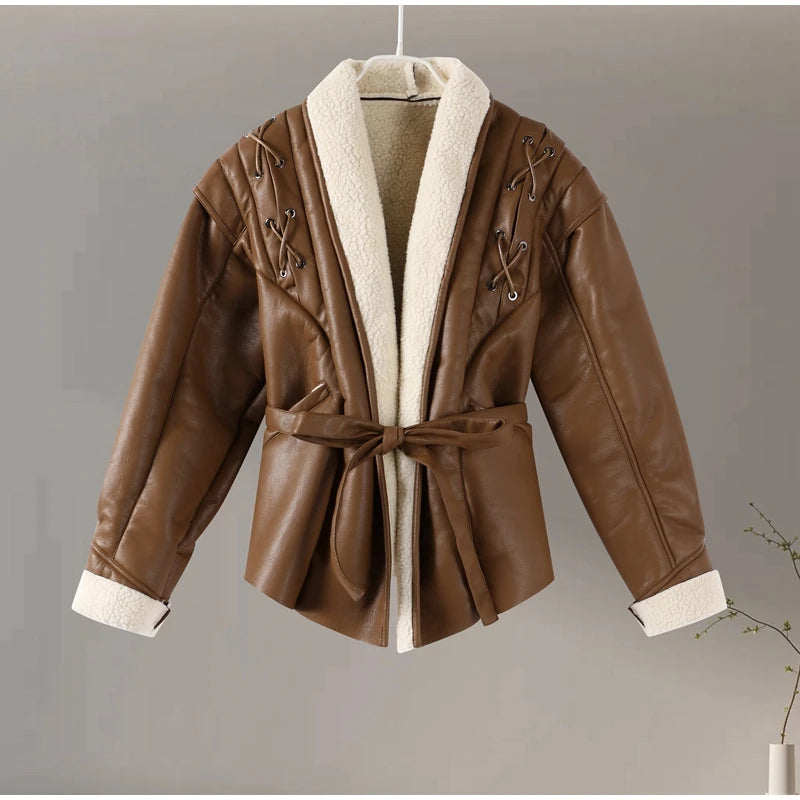 Faux Leather Jackets - Faux Leather Jacket with Teddy Fur Lined