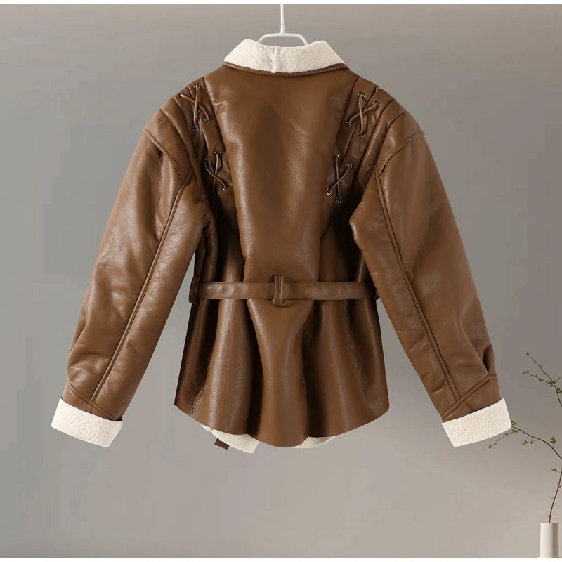 Faux Leather Jackets - Faux Leather Jacket with Teddy Fur Lined