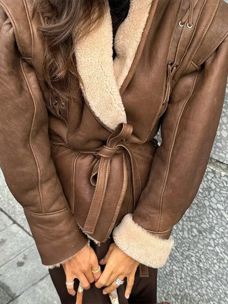 Faux Leather Jackets - Faux Leather Jacket with Teddy Fur Lined