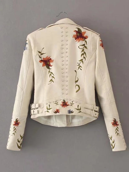 Faux Leather Jackets - Floral Embroidered Faux Leather Moto Jacket