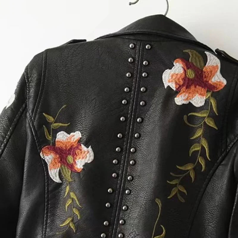 Faux Leather Jackets - Floral Embroidered Faux Leather Moto Jacket