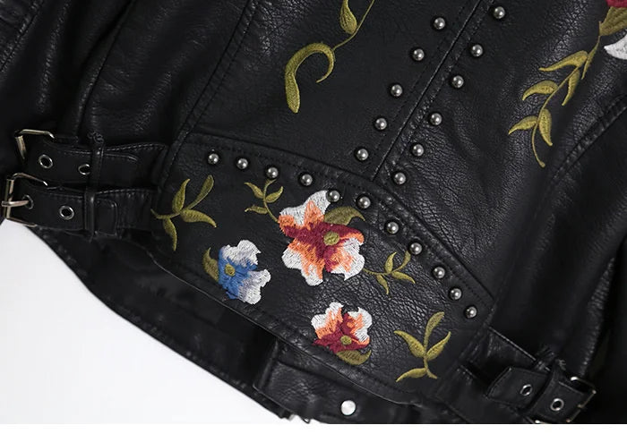 Faux Leather Jackets - Floral Embroidered Faux Leather Moto Jacket