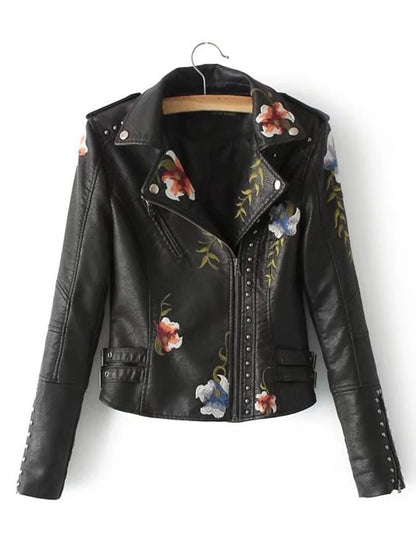 Faux Leather Jackets - Floral Embroidered Faux Leather Moto Jacket