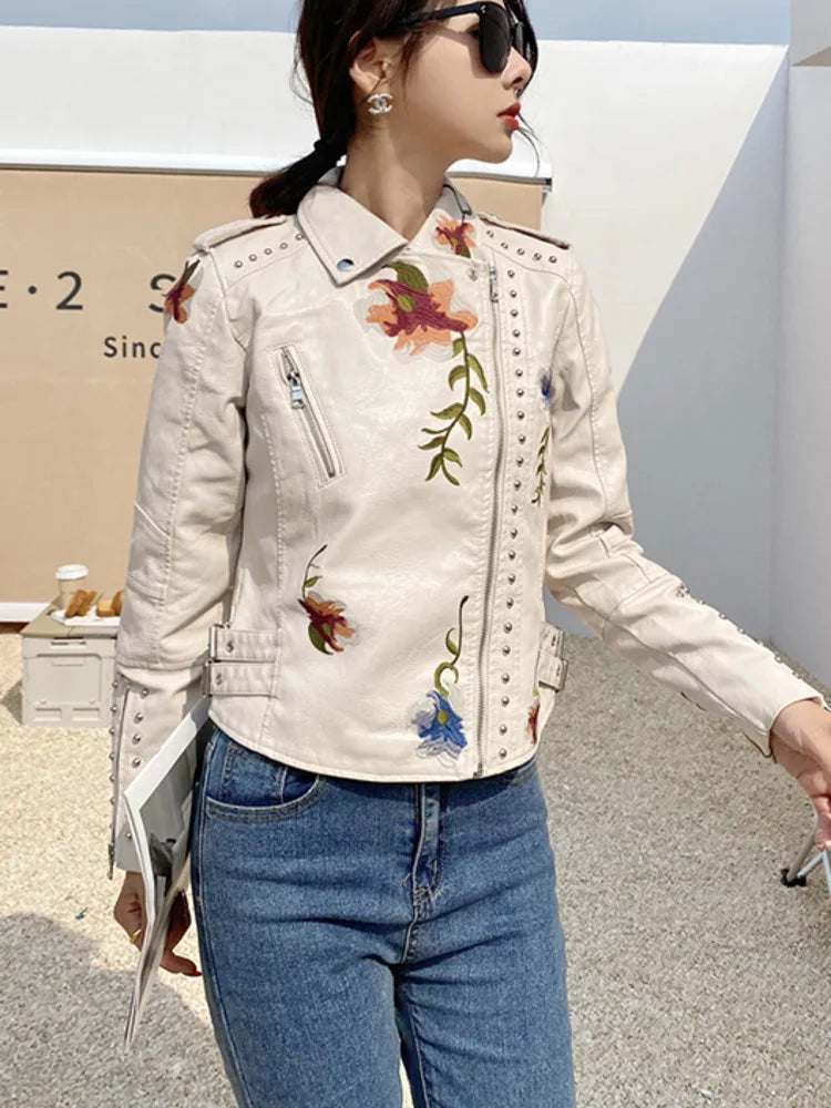 Faux Leather Jackets - Floral Embroidered Faux Leather Moto Jacket