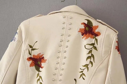 Faux Leather Jackets - Floral Embroidered Faux Leather Moto Jacket