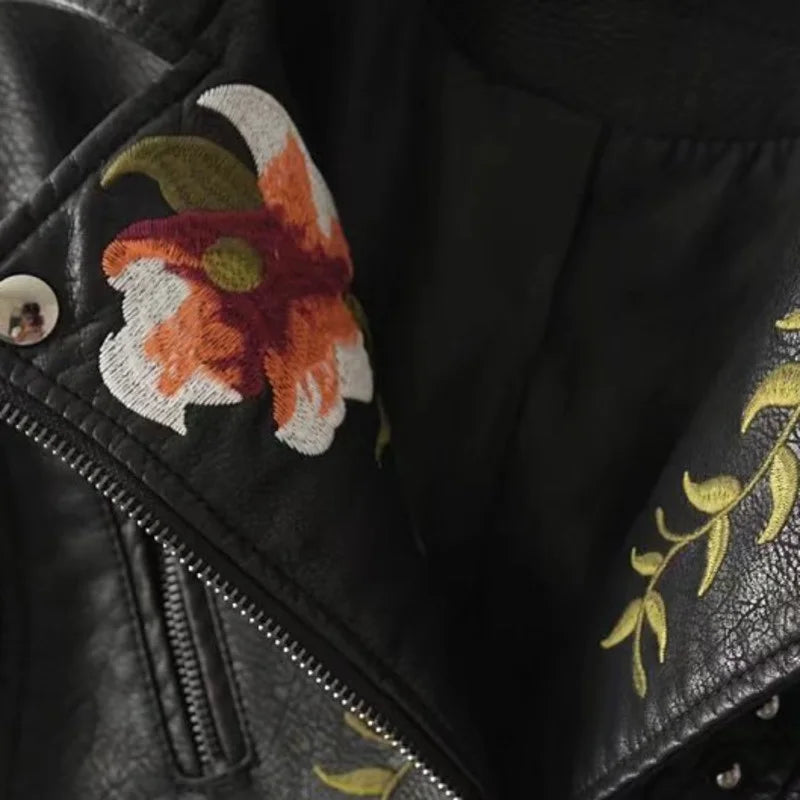 Faux Leather Jackets - Floral Embroidered Faux Leather Moto Jacket