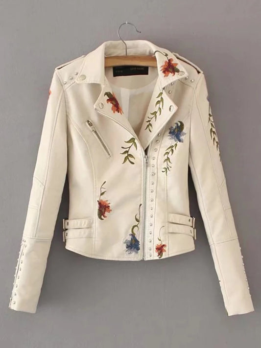 Faux Leather Jackets - Floral Embroidered Faux Leather Moto Jacket