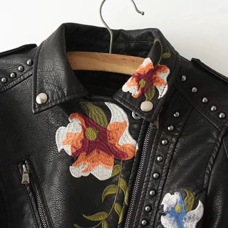 Faux Leather Jackets - Floral Embroidered Faux Leather Moto Jacket