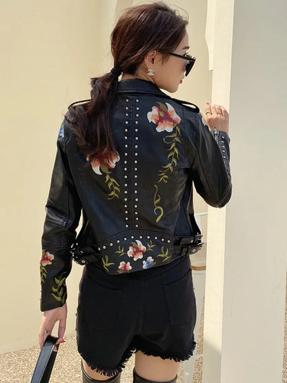 Faux Leather Jackets - Floral Embroidered Faux Leather Moto Jacket