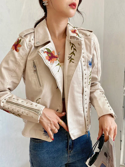 Faux Leather Jackets - Floral Embroidered Faux Leather Moto Jacket