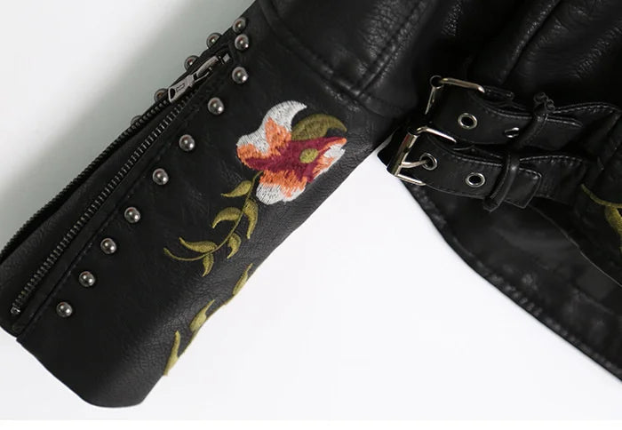 Faux Leather Jackets - Floral Embroidered Faux Leather Moto Jacket