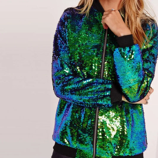 Festive Jackets - Mardi Gras Women's Sequin Jacket Aviator Style