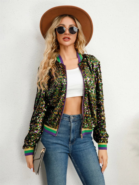 Festive Jackets - Women's Colorful Mardi Gras Sequin Jacket