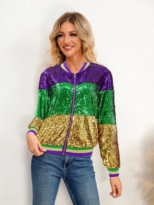 Festive Jackets - Women's Mardi Gras Sequined Aviator Jacket