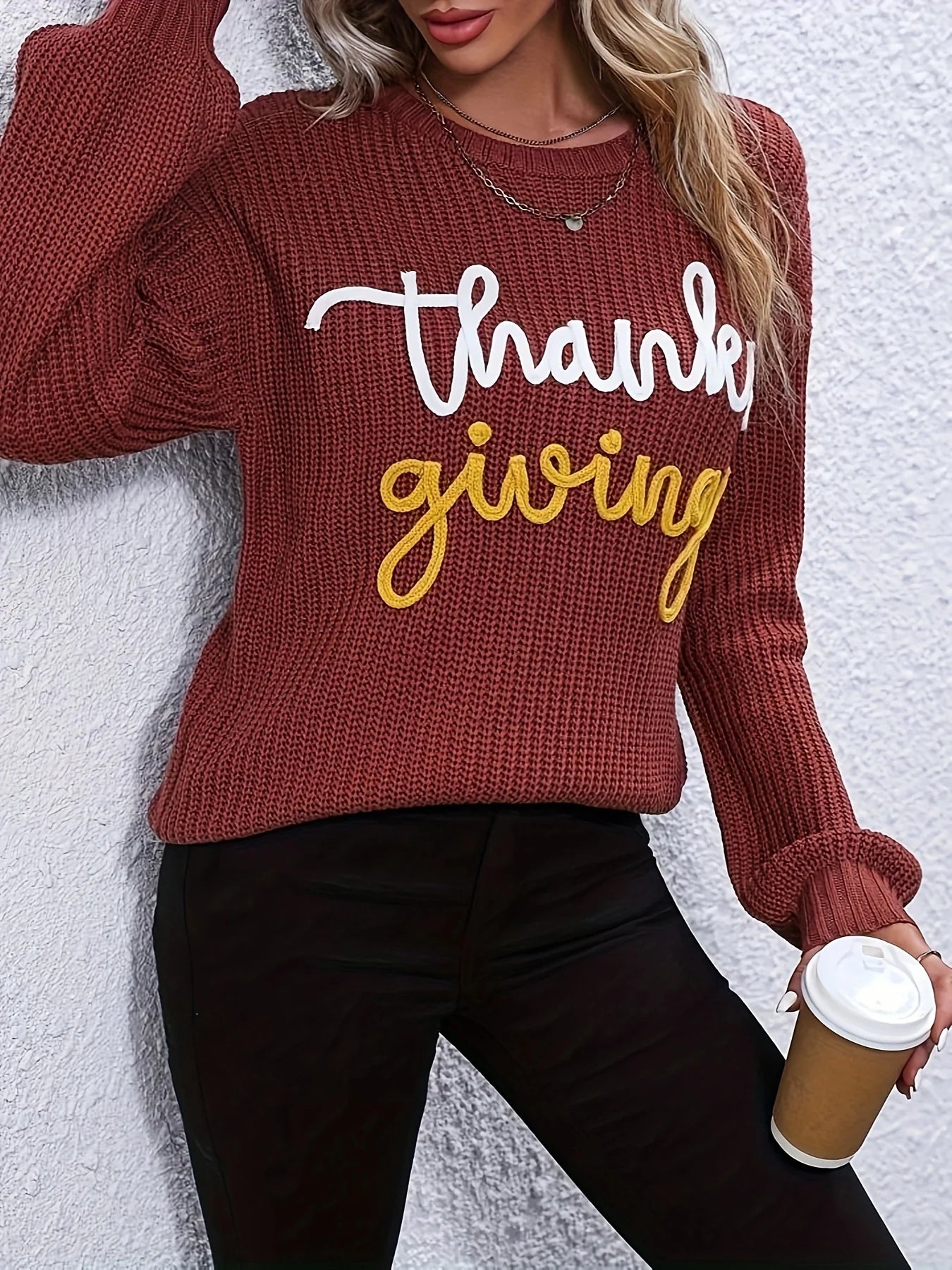 Festive Pullover Sweaters - Thanksgiving Cheers Rust Red Knit Sweater