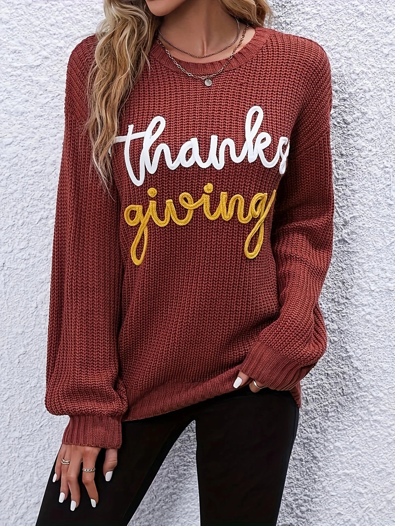 Festive Pullover Sweaters - Thanksgiving Cheers Rust Red Knit Sweater