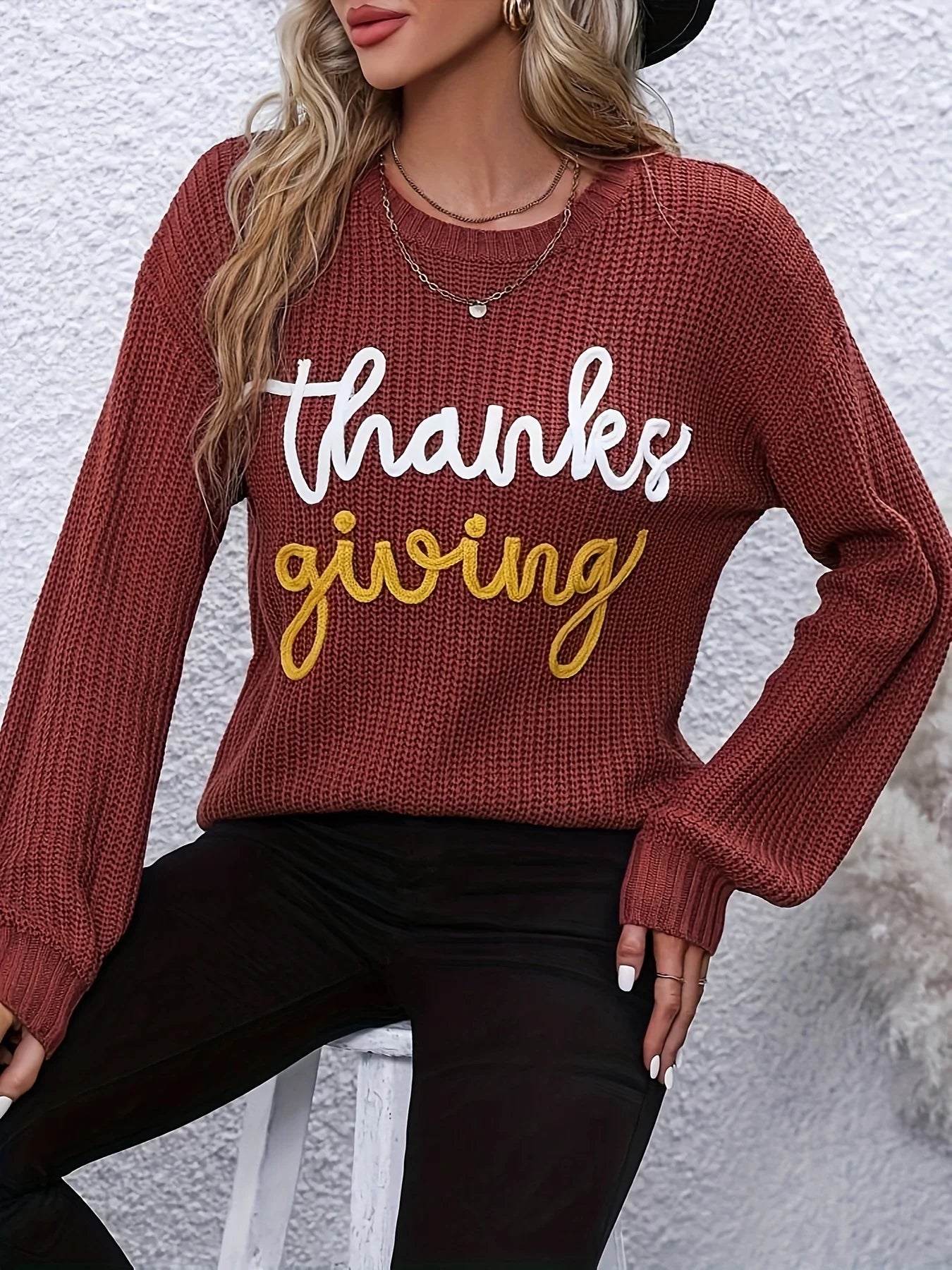 Festive Pullover Sweaters - Thanksgiving Cheers Rust Red Knit Sweater