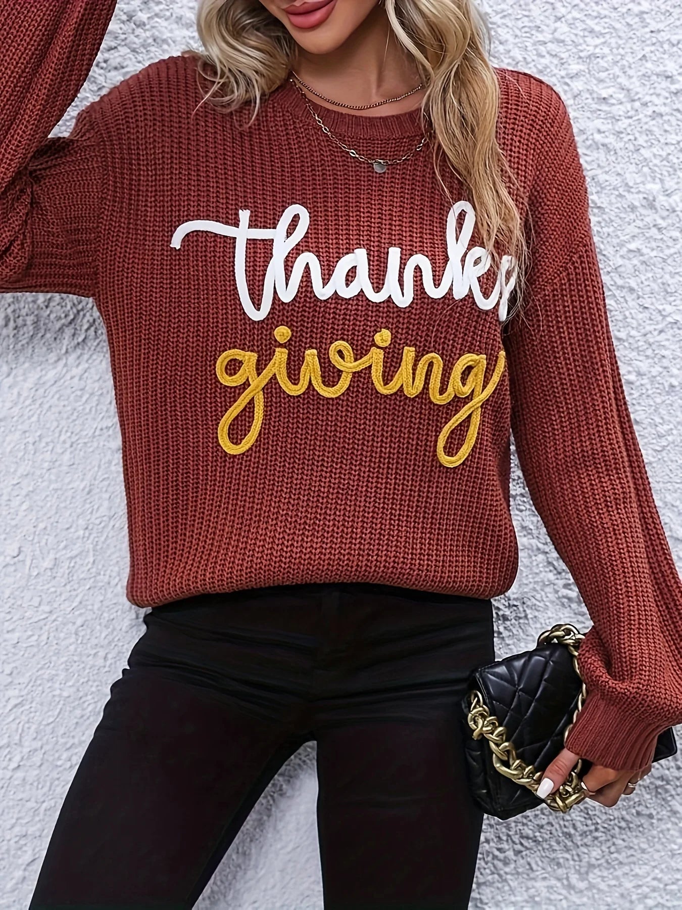 Festive Pullover Sweaters - Thanksgiving Cheers Rust Red Knit Sweater