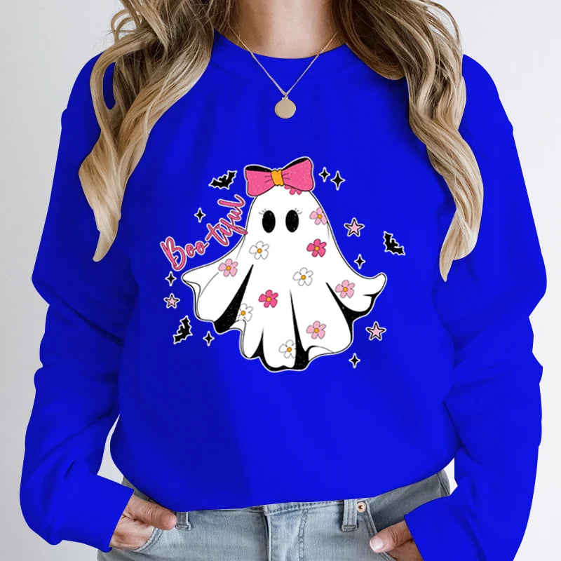 Festive Pullover Sweatshirts - Cute Halloween Ghost Print Sweatshirt - Spooky & Sweet