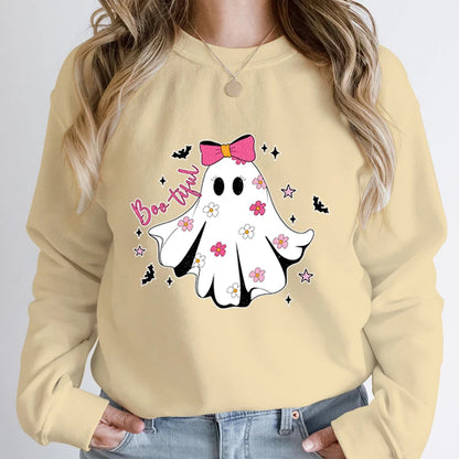 Festive Pullover Sweatshirts - Cute Halloween Ghost Print Sweatshirt - Spooky & Sweet