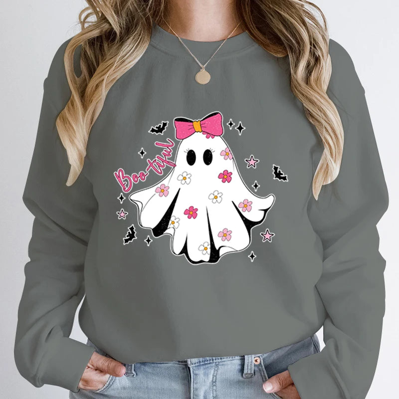 Festive Pullover Sweatshirts - Cute Halloween Ghost Print Sweatshirt - Spooky & Sweet