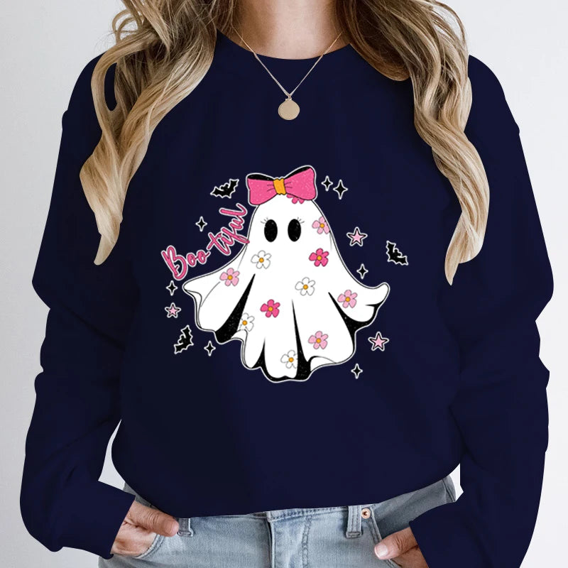 Festive Pullover Sweatshirts - Cute Halloween Ghost Print Sweatshirt - Spooky & Sweet