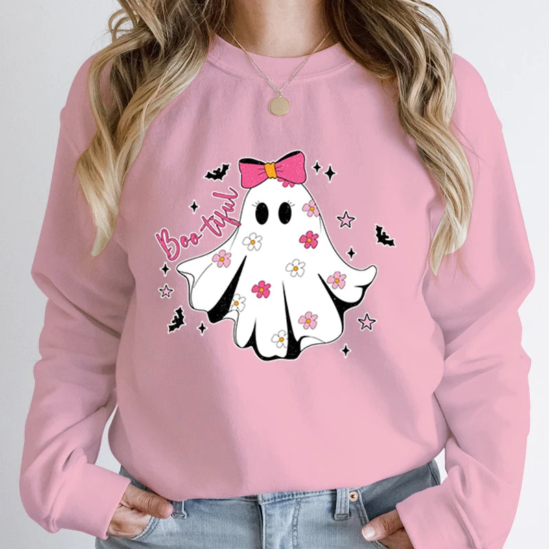 Festive Pullover Sweatshirts - Cute Halloween Ghost Print Sweatshirt - Spooky & Sweet