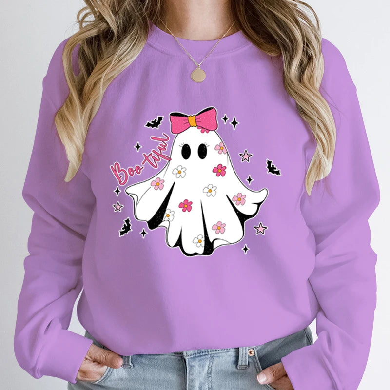 Festive Pullover Sweatshirts - Cute Halloween Ghost Print Sweatshirt - Spooky & Sweet