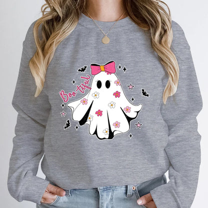 Festive Pullover Sweatshirts - Cute Halloween Ghost Print Sweatshirt - Spooky & Sweet