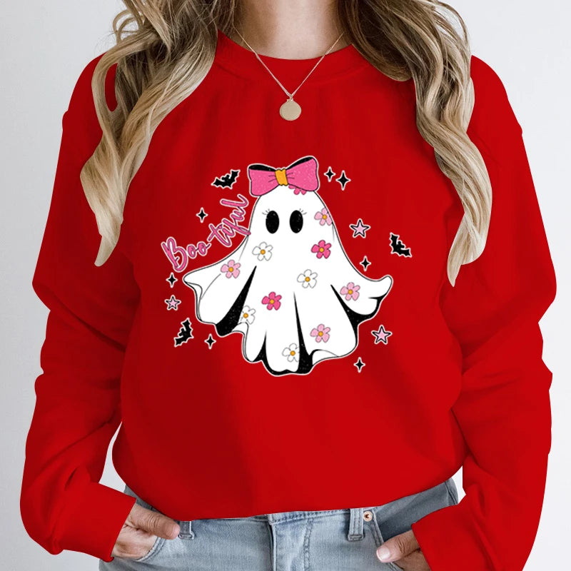 Festive Pullover Sweatshirts - Cute Halloween Ghost Print Sweatshirt - Spooky & Sweet