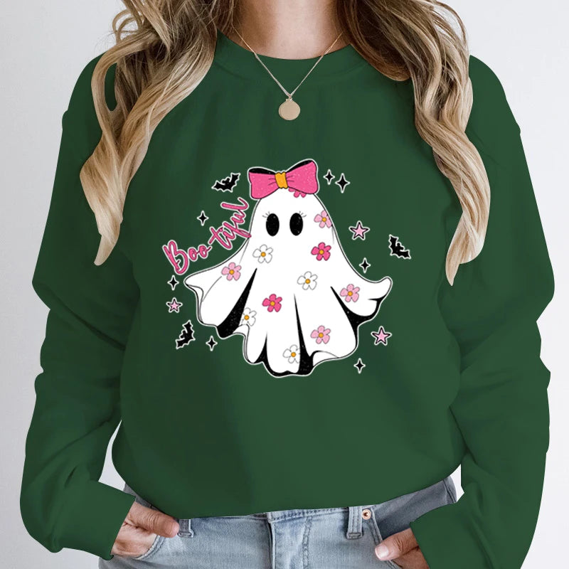 Festive Pullover Sweatshirts - Cute Halloween Ghost Print Sweatshirt - Spooky & Sweet