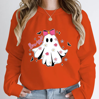 Festive Pullover Sweatshirts - Cute Halloween Ghost Print Sweatshirt - Spooky & Sweet