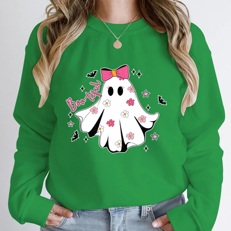 Festive Pullover Sweatshirts - Cute Halloween Ghost Print Sweatshirt - Spooky & Sweet