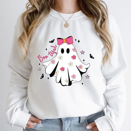 Festive Pullover Sweatshirts - Cute Halloween Ghost Print Sweatshirt - Spooky & Sweet