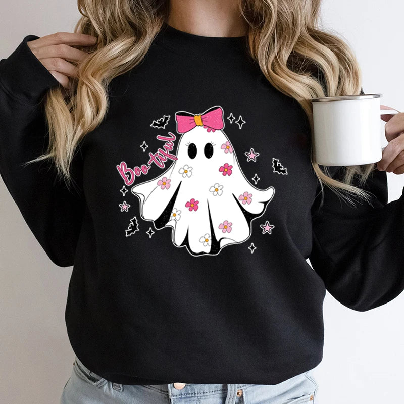 Festive Pullover Sweatshirts - Cute Halloween Ghost Print Sweatshirt - Spooky & Sweet