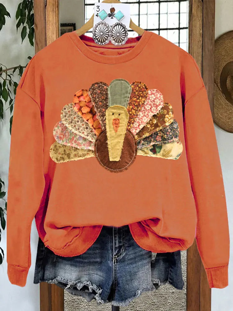 Festive Pullover Sweatshirts - Orange Thanksgiving Turkey Print Patch Pullover