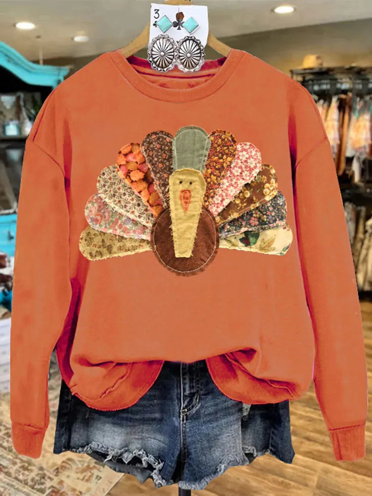 Festive Pullover Sweatshirts - Orange Thanksgiving Turkey Print Patch Pullover