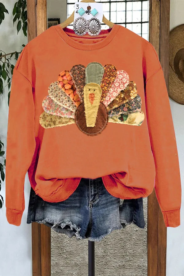 Festive Pullover Sweatshirts - Orange Thanksgiving Turkey Print Patch Pullover