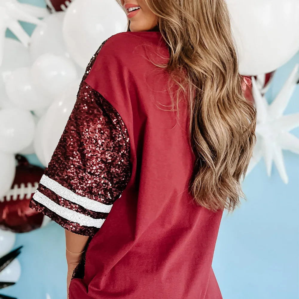 Festive Tee Pullovers - Festive & Holiday Glam Sequin Football & Christmas Tee