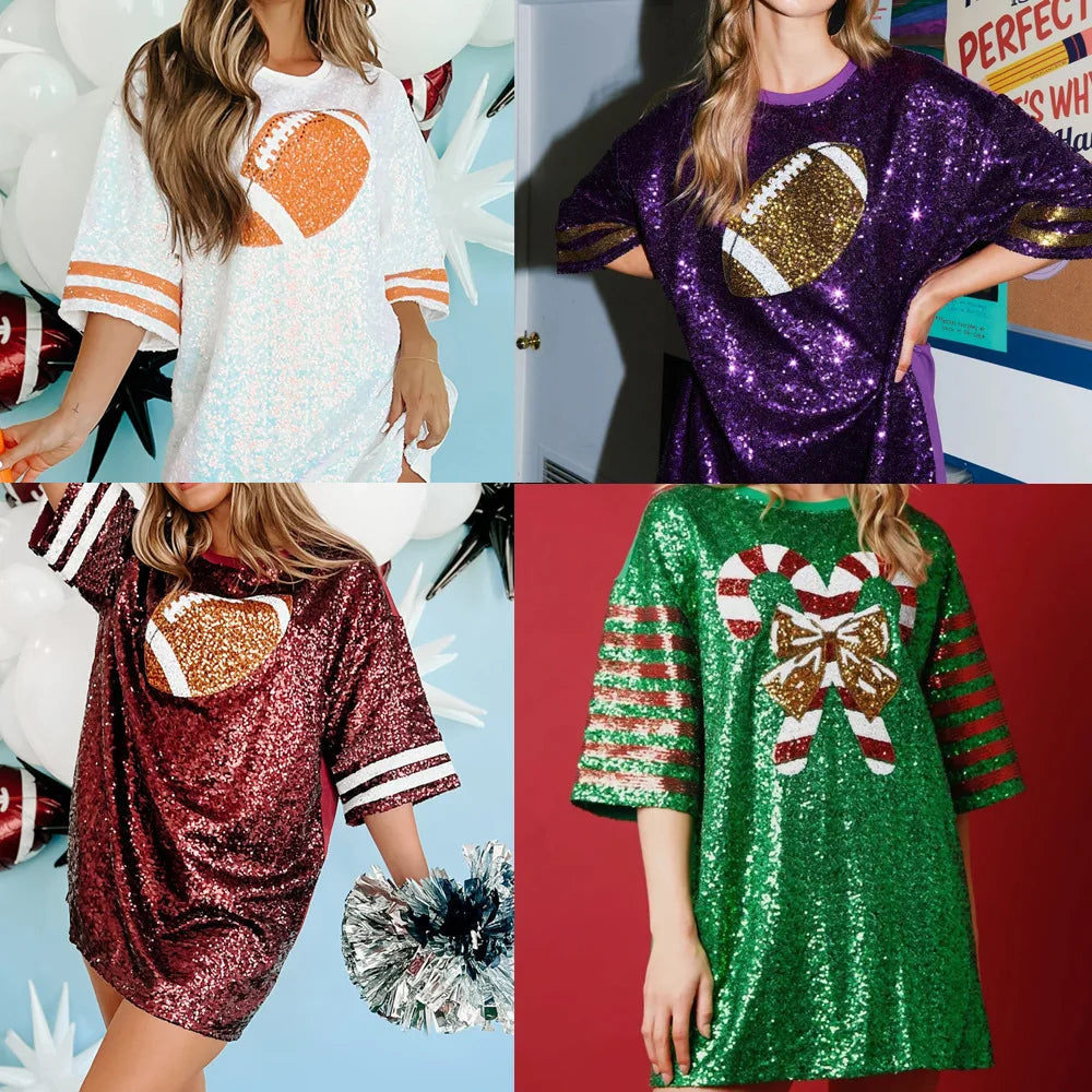 Festive Tee Pullovers - Festive & Holiday Glam Sequin Football & Christmas Tee