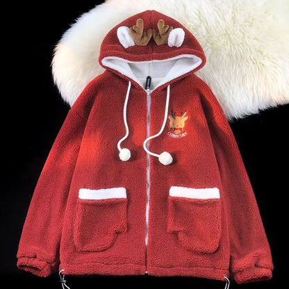 Festive Zip Up Hoodies - Unisex Reindeer Fleece Hoodie with Fun Antler Hood